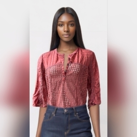 Sundance Terracotta pink eyelet popover blouse top Size Large - Picture 1 of 7